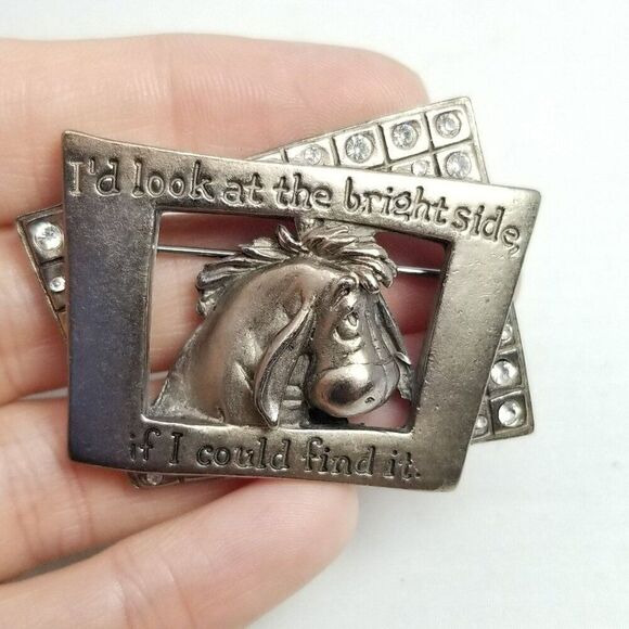 Vintage Disney Eeyore Look on the Brightside Brooch, Silver Tone Lapel Pin - Picture 2 of 7